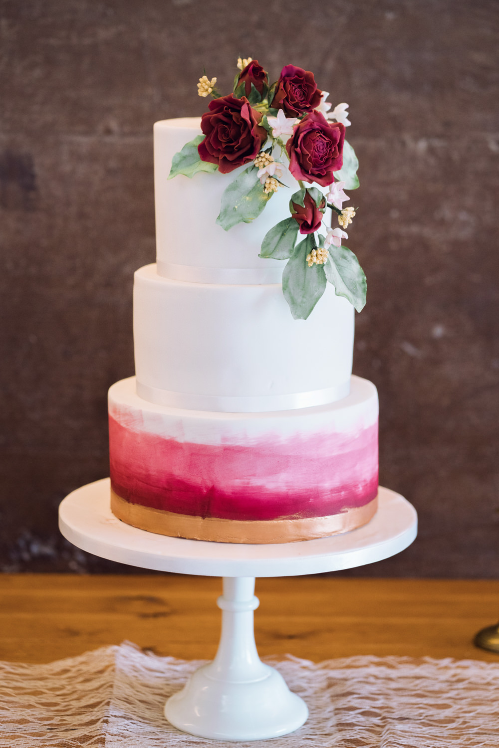 Watercolour Floral Cake Red Decadent Christmas Wedding Jessica Raphael Photography