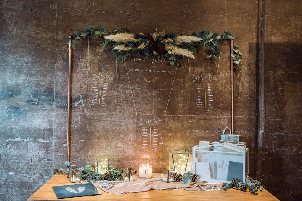 Table Plan Seating Chart Acrylic Perspex Pampas Grass Decadent Christmas Wedding Jessica Raphael Photography