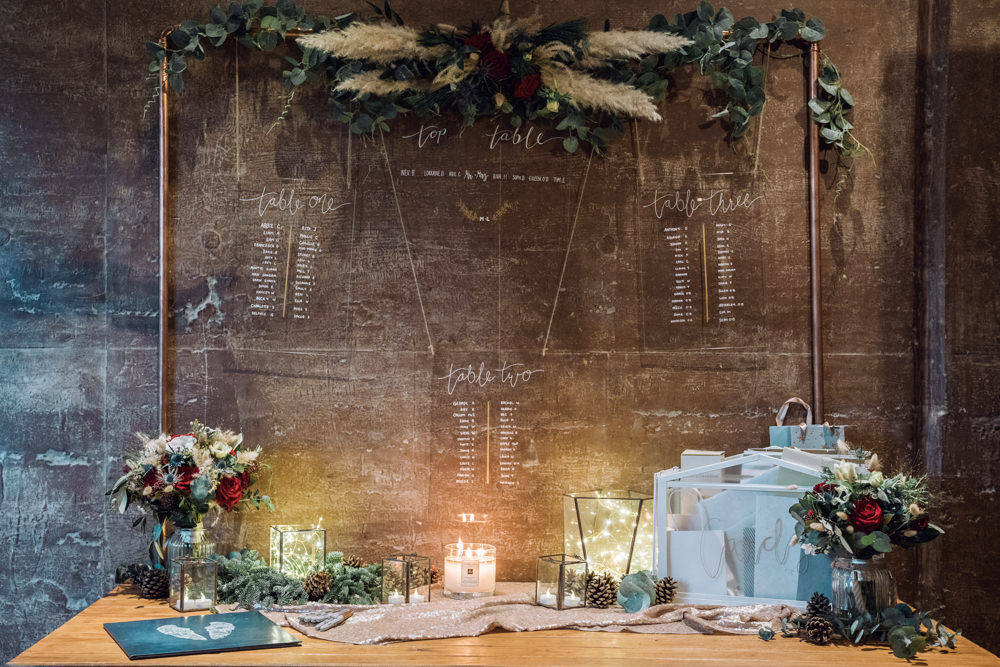Table Plan Seating Chart Acrylic Perspex Pampas Grass Decadent Christmas Wedding Jessica Raphael Photography