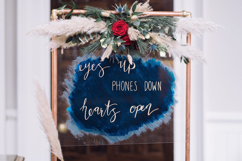 Unplugged Sign Ceremony Signage Decadent Christmas Wedding Jessica Raphael Photography