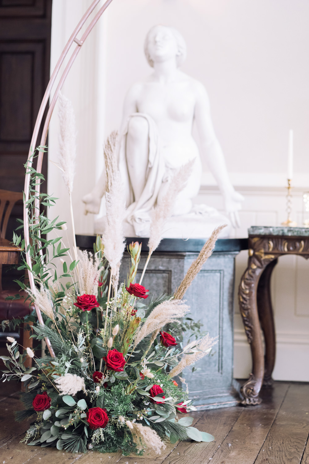 Moon Gate Flower Arch Backdrop Ceremony Decor Decadent Christmas Wedding Jessica Raphael Photography