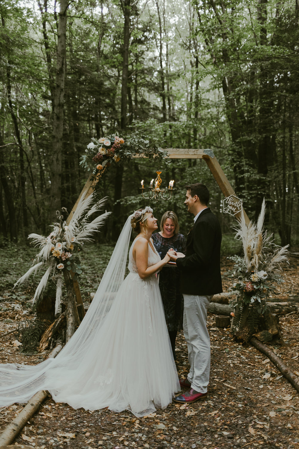 Dreamy Woodland Wedding Ideas Jasmine Andrews Photography Outdoor Ceremony Aisle Hexagon Backdrop Pampas Grass Greenery Foliage