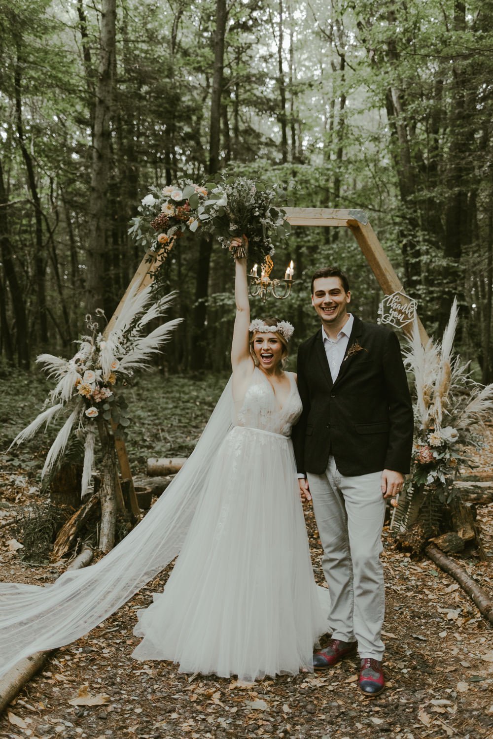 Dreamy Woodland Wedding Ideas Jasmine Andrews Photography Outdoor Ceremony Aisle Hexagon Backdrop Pampas Grass Greenery Foliage
