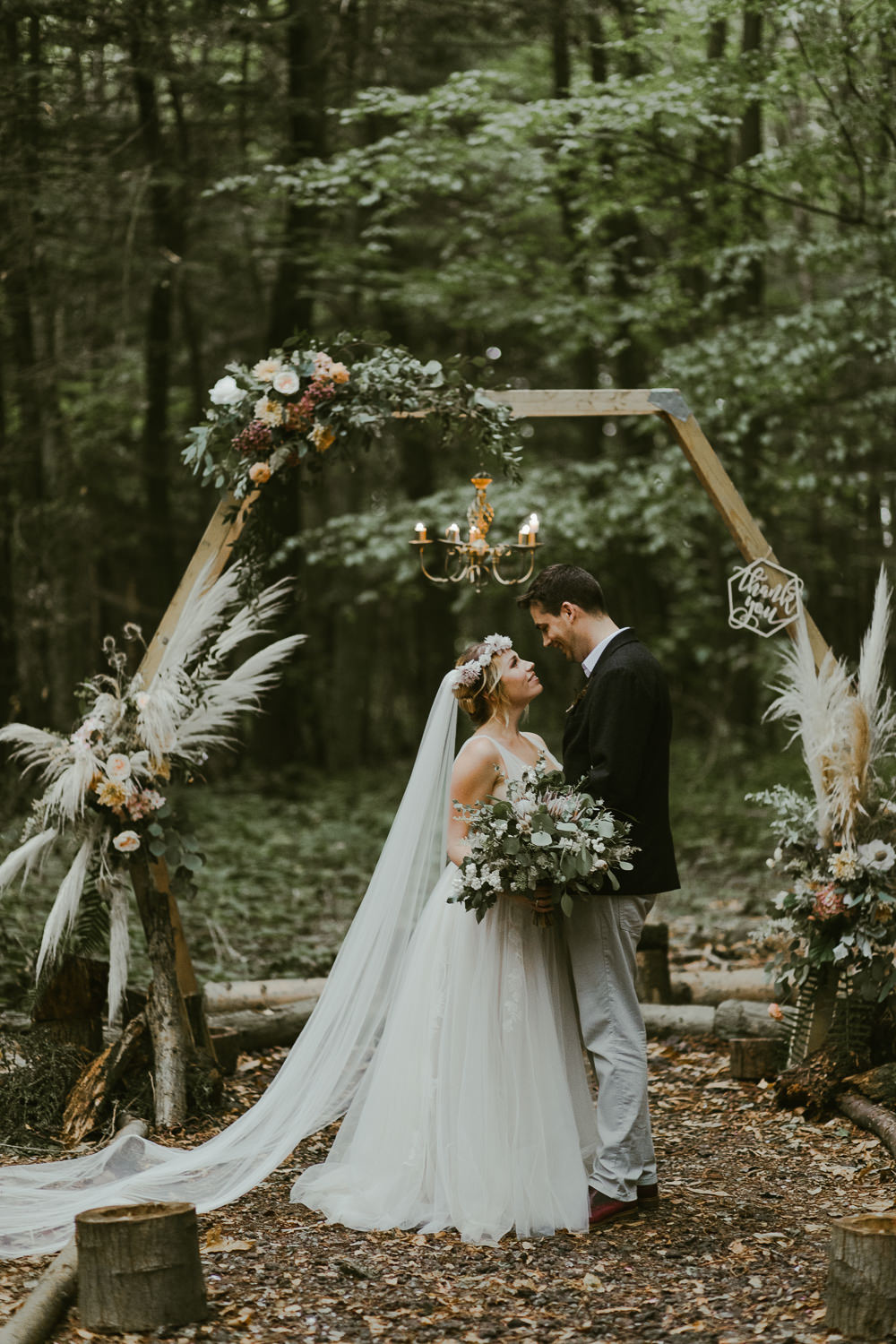 Outdoor Ceremony Aisle Hexagon Backdrop Pampas Grass Greenery Foliage Dreamy Woodland Wedding Ideas Jasmine Andrews Photography