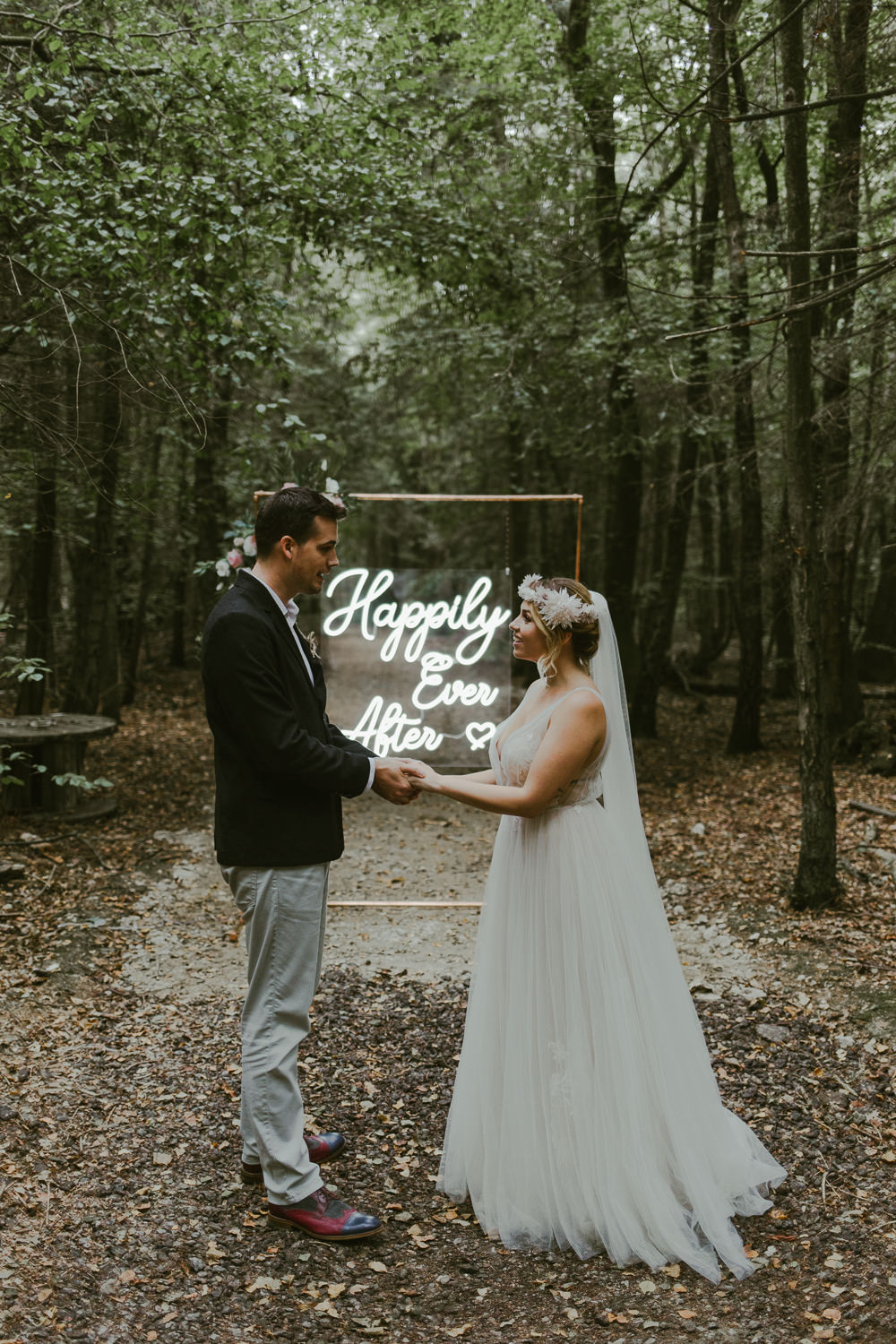 Neon Sign Signs Signage Backdrop Dreamy Woodland Wedding Ideas Jasmine Andrews Photography