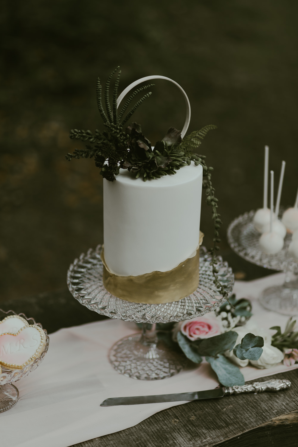 Cake Gold Leaf Hoop Topper Greenery Foliage Dreamy Woodland Wedding Ideas Jasmine Andrews Photography