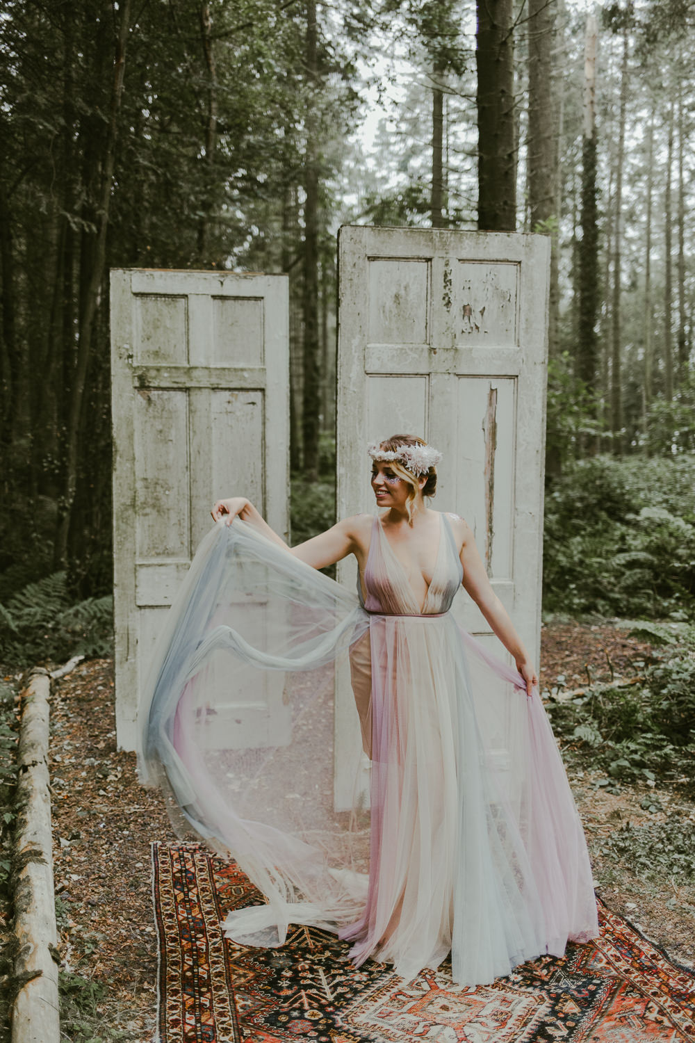 Bride Bridal Flower Crown Dress Gown Train Tulle Rainbow Dreamy Woodland Wedding Ideas Jasmine Andrews Photography