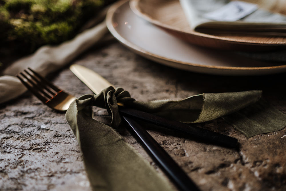 Gold Cutlery Velvet Ribbon thical Wedding Ideas Jenna Kathleen Photographer