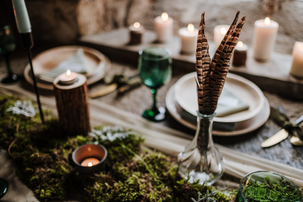 Table Tablescape Decor Wooden Candles Greenery Foliage Feathers Moss Ethical Wedding Ideas Jenna Kathleen Photographer
