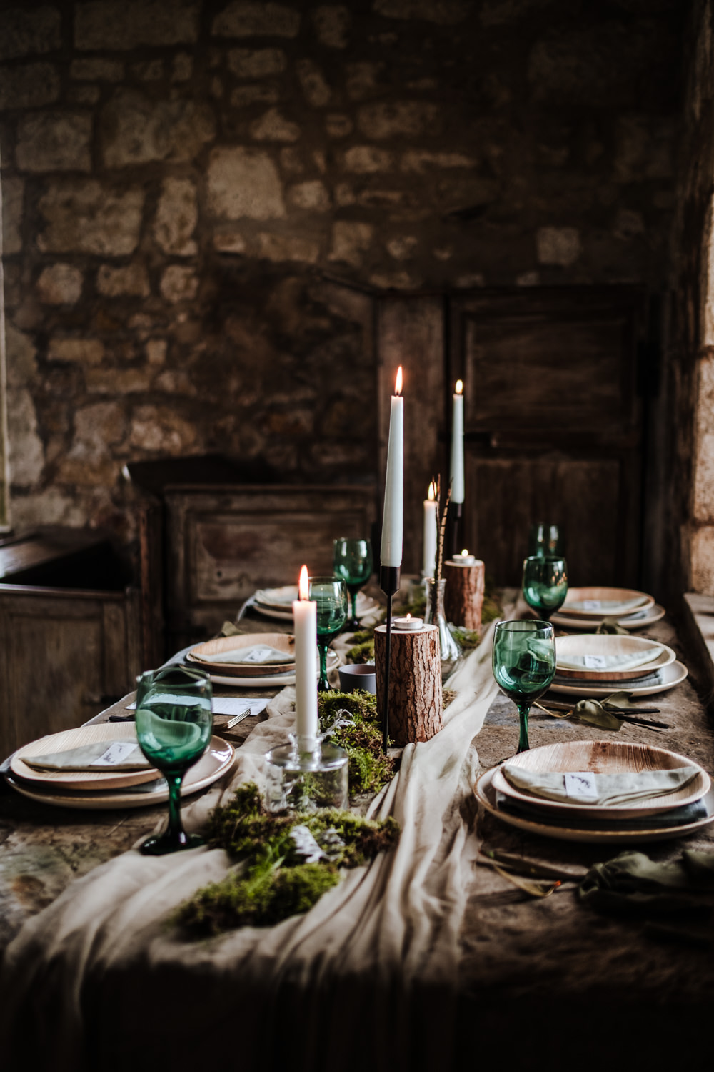 Table Tablescape Decor Wooden Candles Greenery Foliage Feathers Moss Ethical Wedding Ideas Jenna Kathleen Photographer