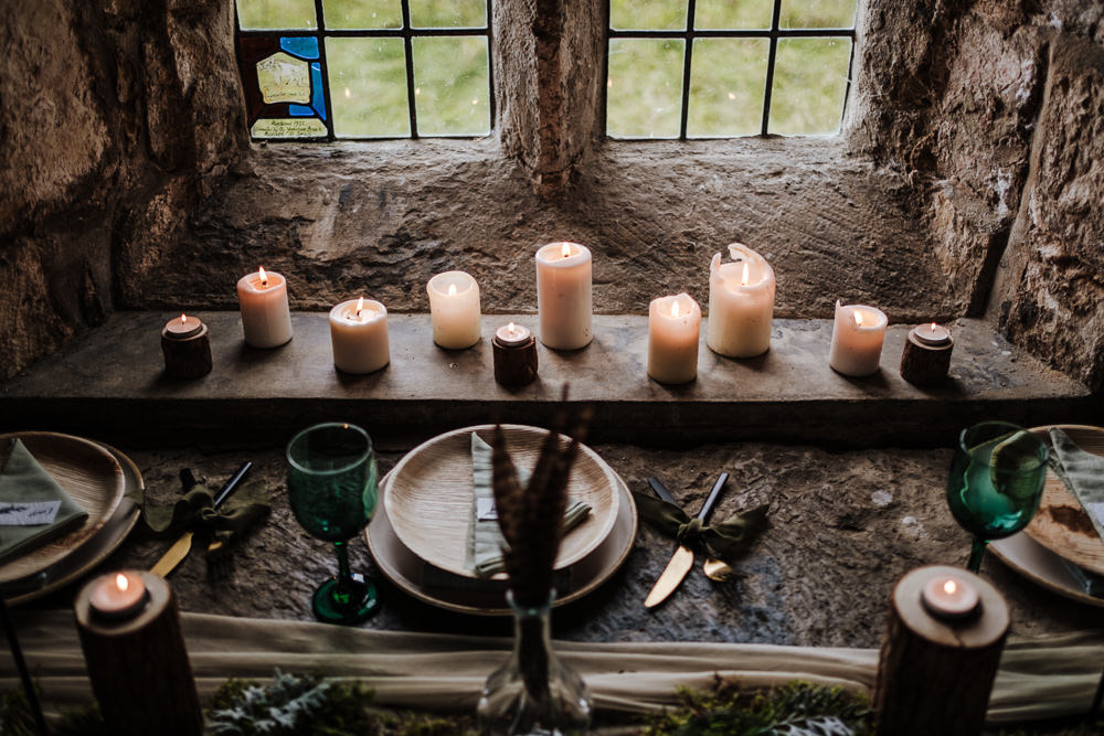 Table Tablescape Decor Wooden Candles Greenery Foliage Feathers Moss Ethical Wedding Ideas Jenna Kathleen Photographer