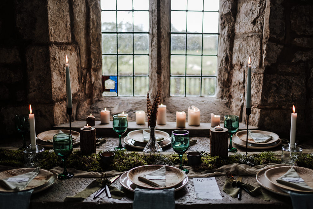 Table Tablescape Decor Wooden Candles Greenery Foliage Feathers Moss Ethical Wedding Ideas Jenna Kathleen Photographer