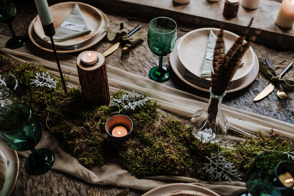 Table Tablescape Decor Wooden Candles Greenery Foliage Feathers Moss Ethical Wedding Ideas Jenna Kathleen Photographer