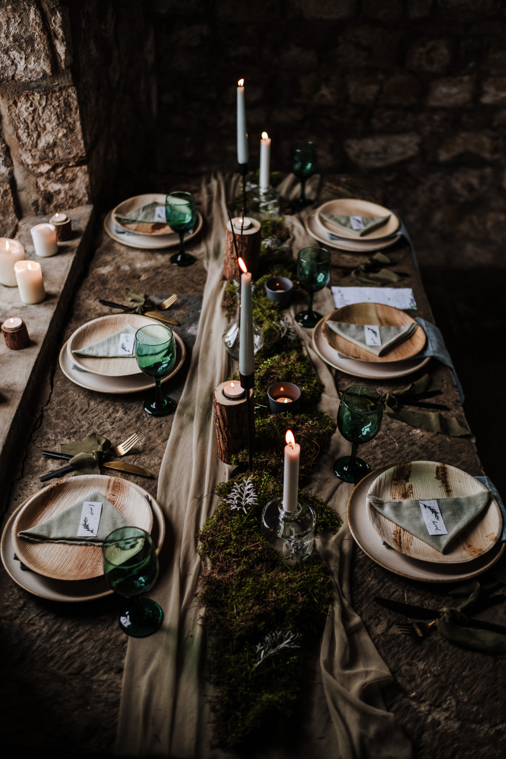 Table Tablescape Decor Wooden Candles Greenery Foliage Feathers Moss Ethical Wedding Ideas Jenna Kathleen Photographer