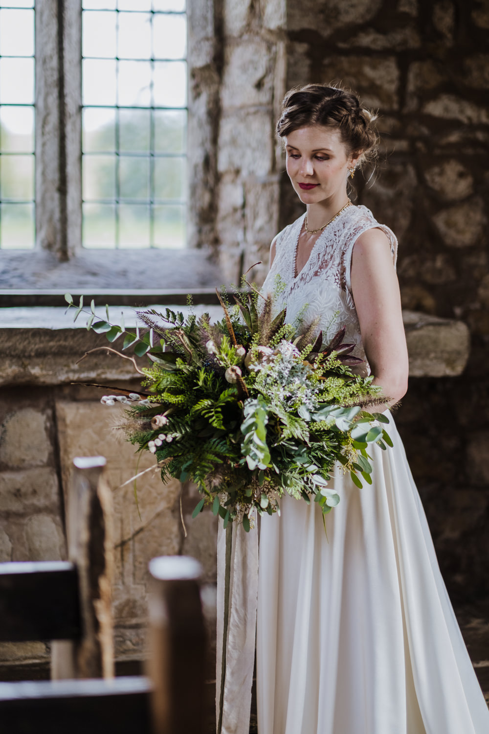 Dress Gown Bride Bridal Lace High Neck A-Line Skirt Ethical Wedding Ideas Jenna Kathleen Photographer
