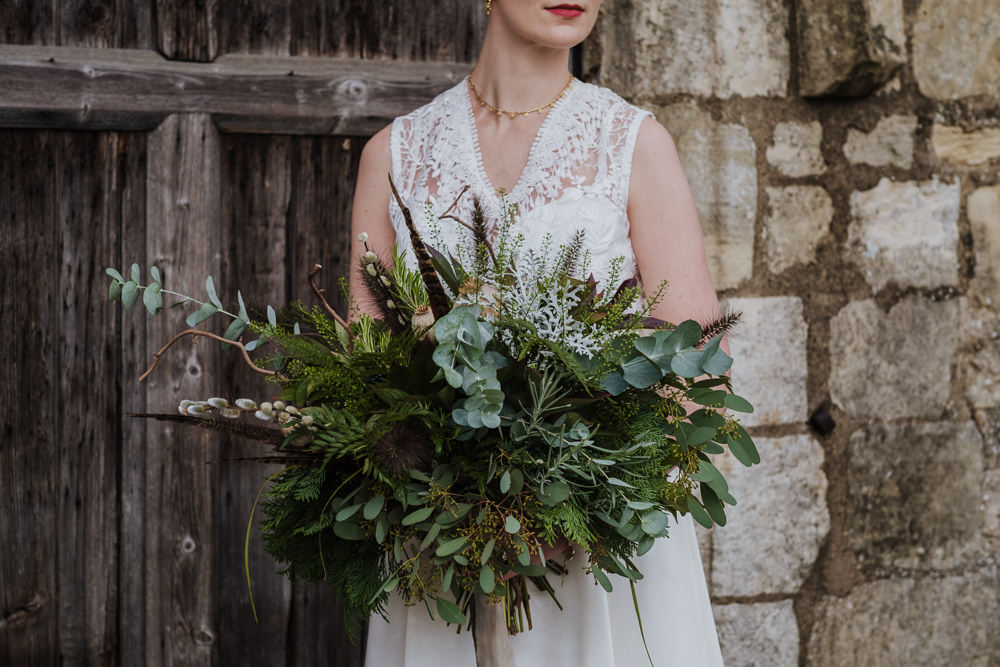 Bouquet Flowers Bride Bridal Fern Eucalyptus Feather Seed Head Ribbons Ethical Wedding Ideas Jenna Kathleen Photographer
