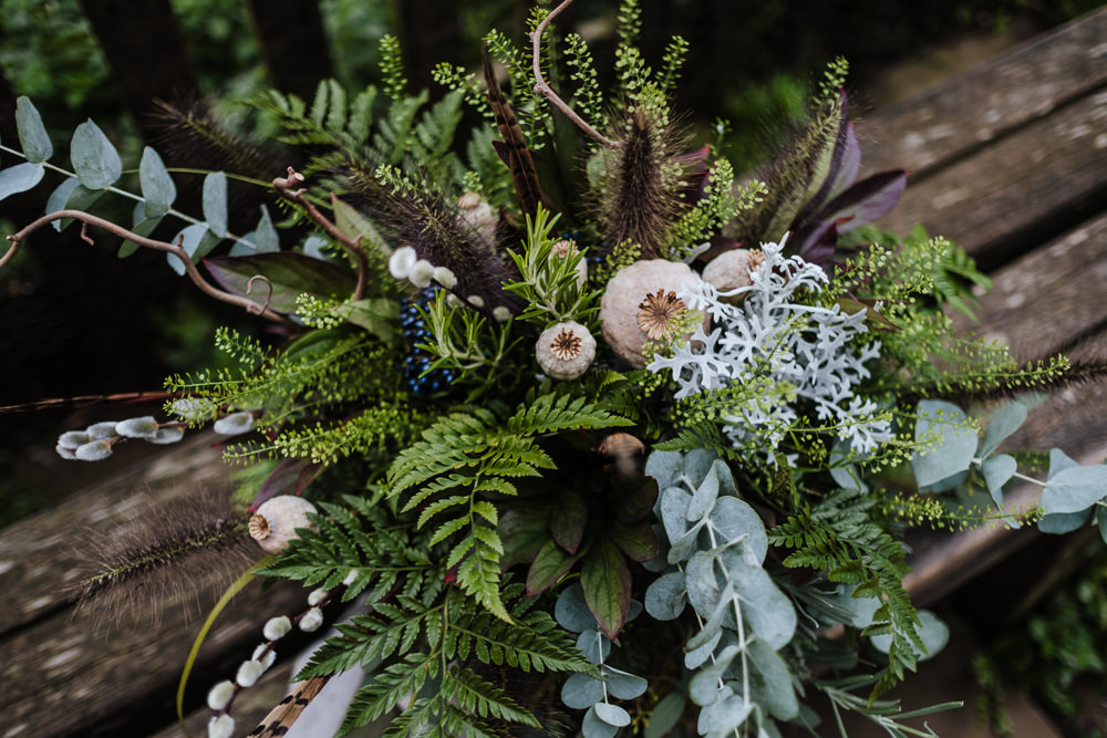 Bouquet Flowers Bride Bridal Fern Eucalyptus Feather Seed Head Ribbons Ethical Wedding Ideas Jenna Kathleen Photographer