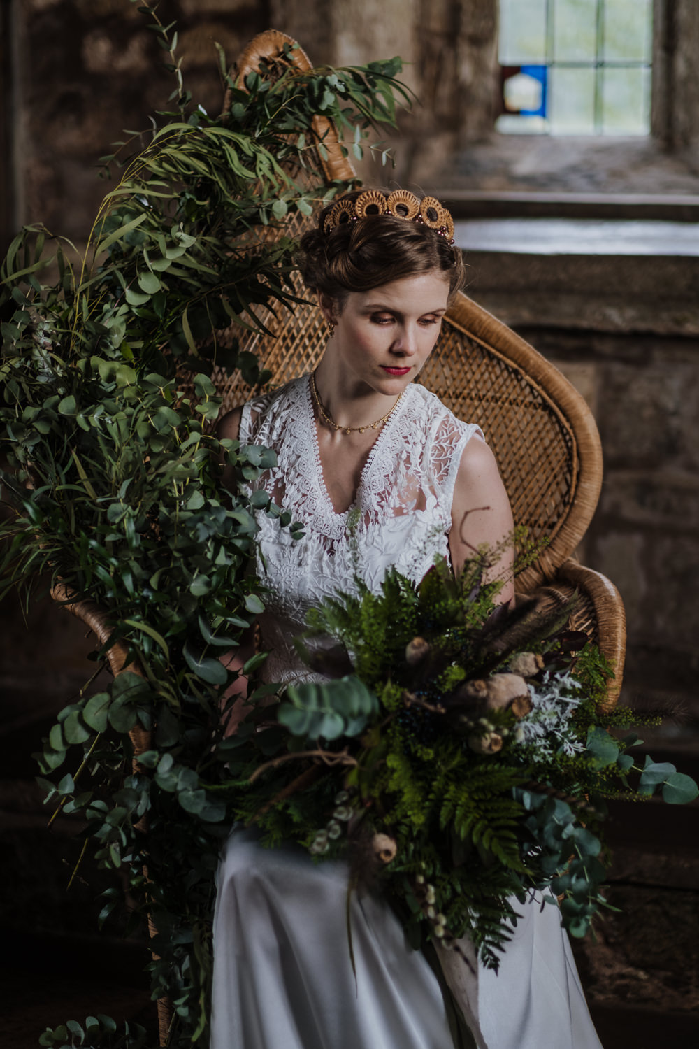 Bouquet Flowers Bride Bridal Fern Eucalyptus Feather Seed Head Ribbons Peacock Chair Greenery Foliage Ethical Wedding Ideas Jenna Kathleen Photographer