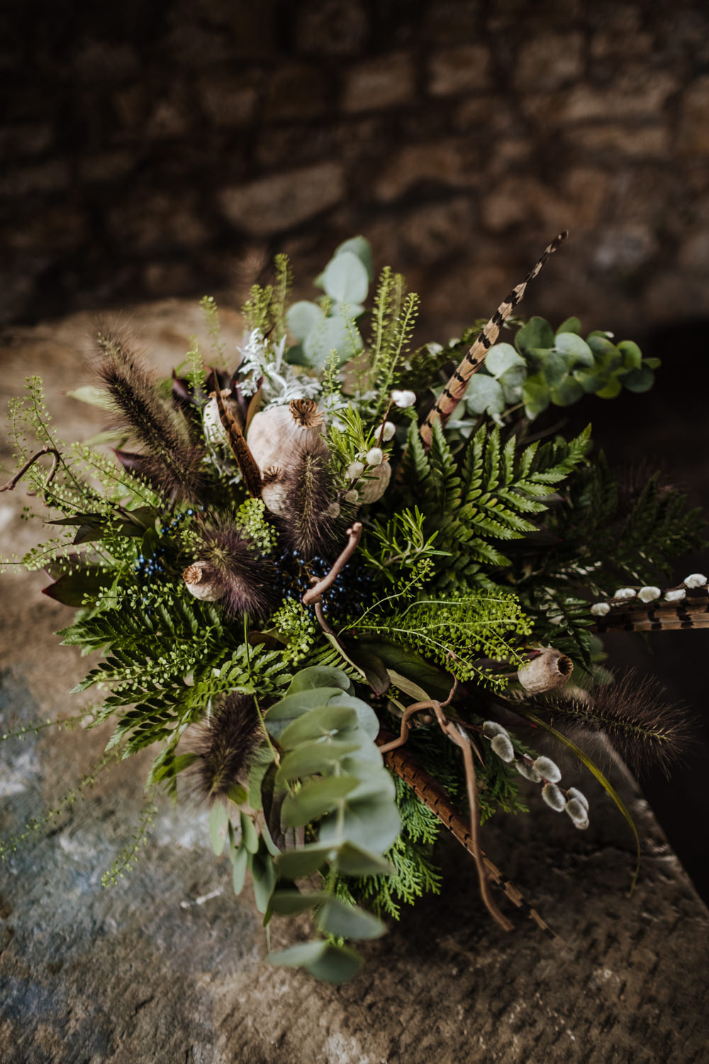 Bouquet Flowers Bride Bridal Fern Eucalyptus Feather Seed Head Ribbons Ethical Wedding Ideas Jenna Kathleen Photographer