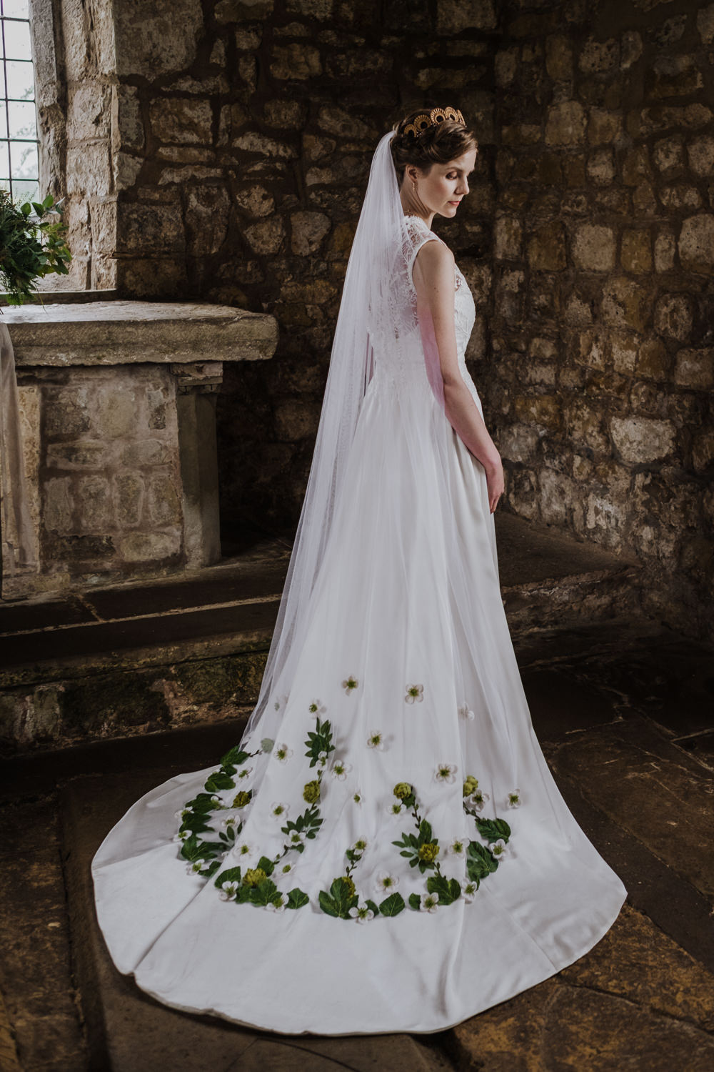 Dress Gown Bride Bridal Lace High Neck A-Line Skirt Veil Ethical Wedding Ideas Jenna Kathleen Photographer