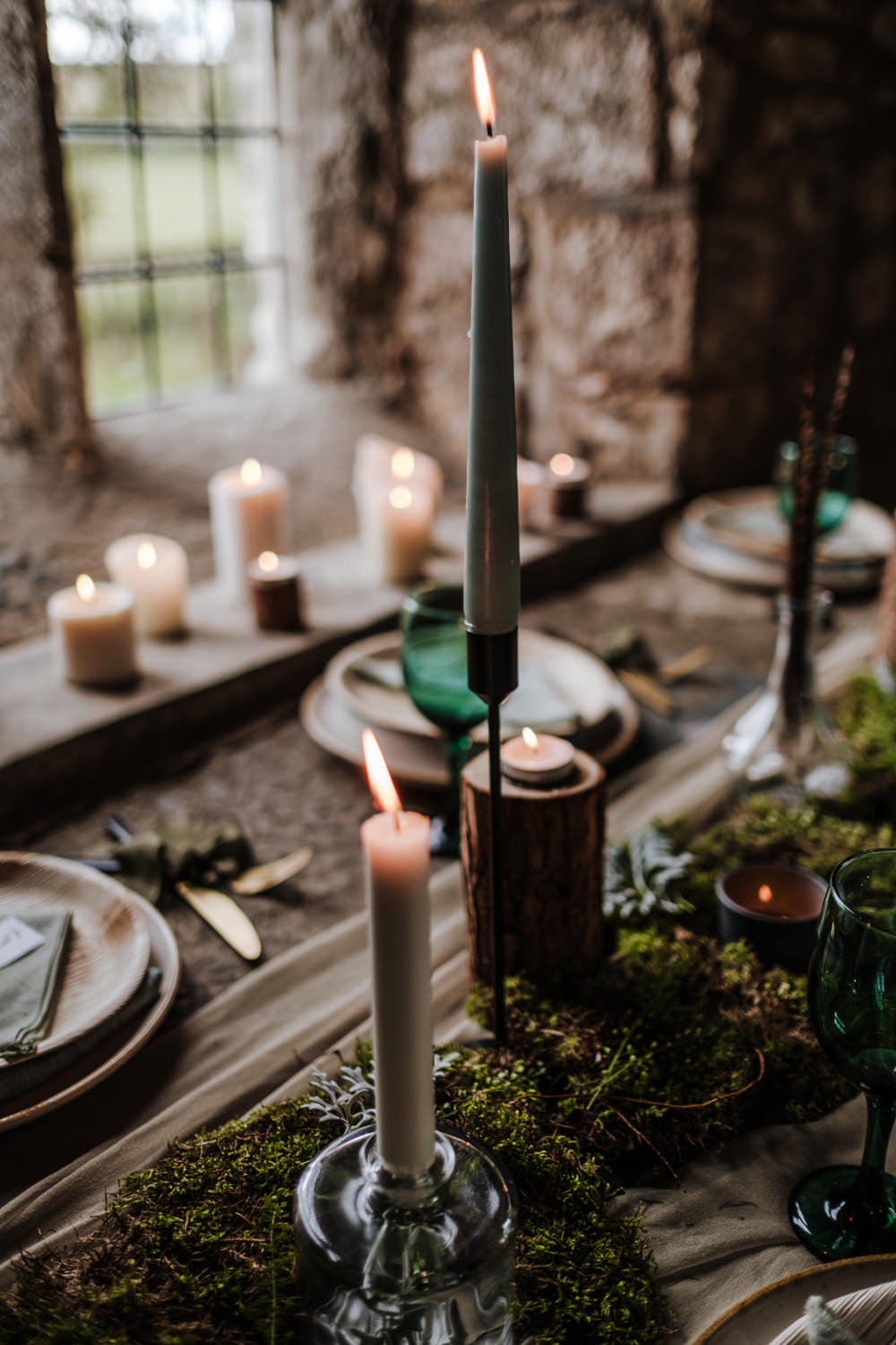 Table Tablescape Decor Wooden Candles Greenery Foliage Feathers Moss Ethical Wedding Ideas Jenna Kathleen Photographer