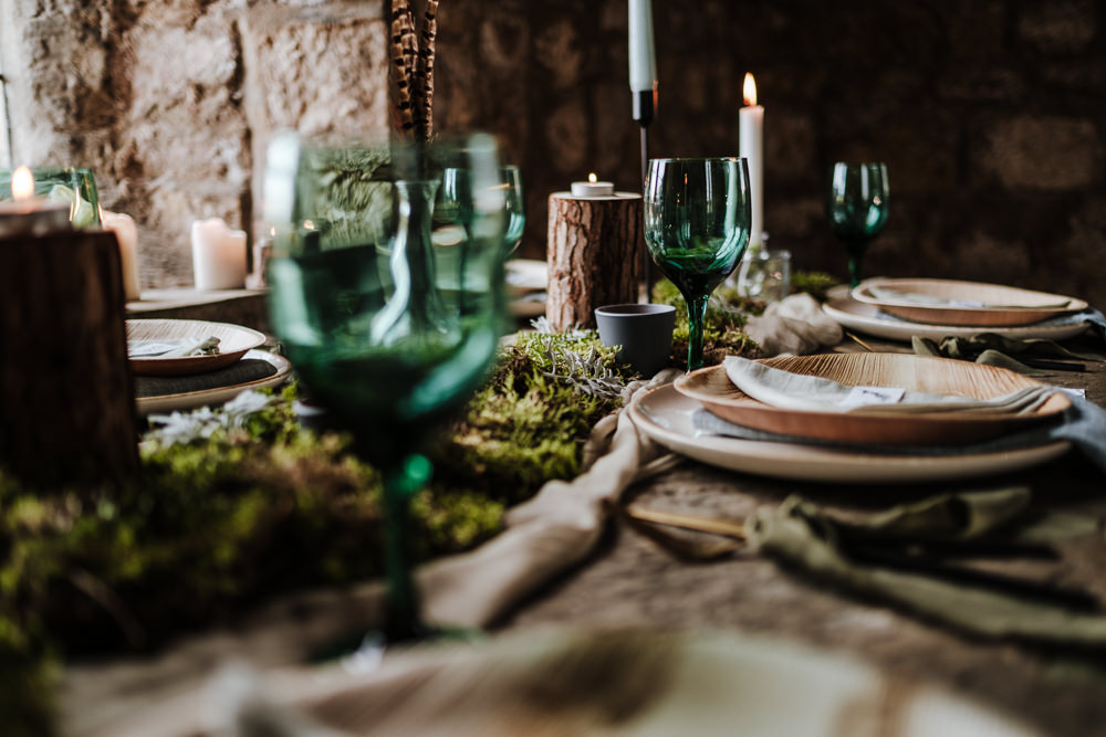 Table Tablescape Decor Wooden Candles Greenery Foliage Feathers Moss Ethical Wedding Ideas Jenna Kathleen Photographer