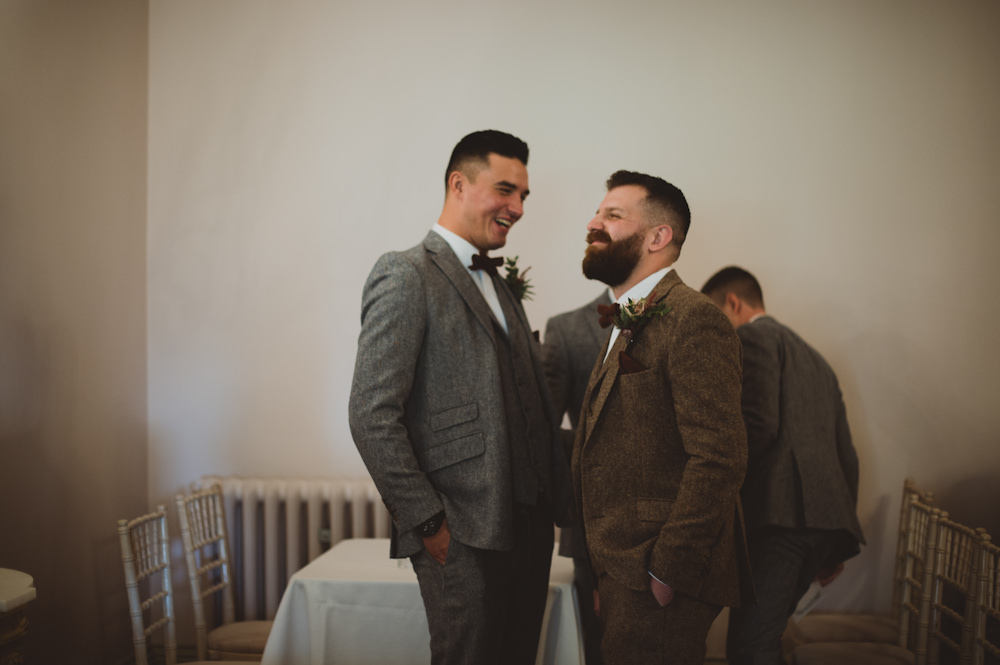 Groom Groomsmen Suits Brown Tweed Bow Tie Garthmyl Hall Wedding Sasha Weddings
