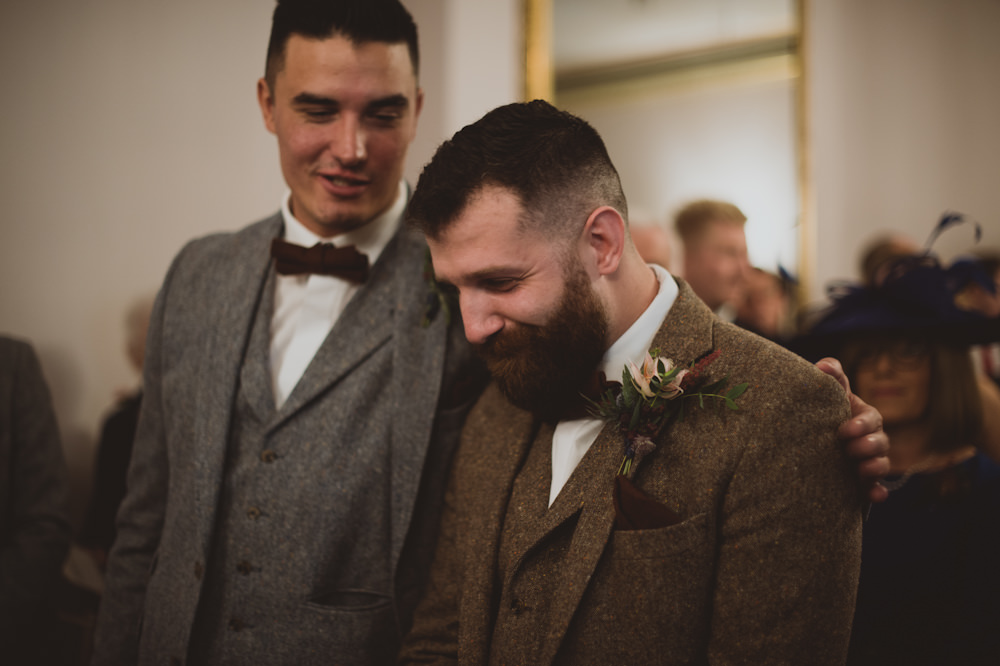 Groom Groomsmen Suits Brown Tweed Bow Tie Garthmyl Hall Wedding Sasha Weddings