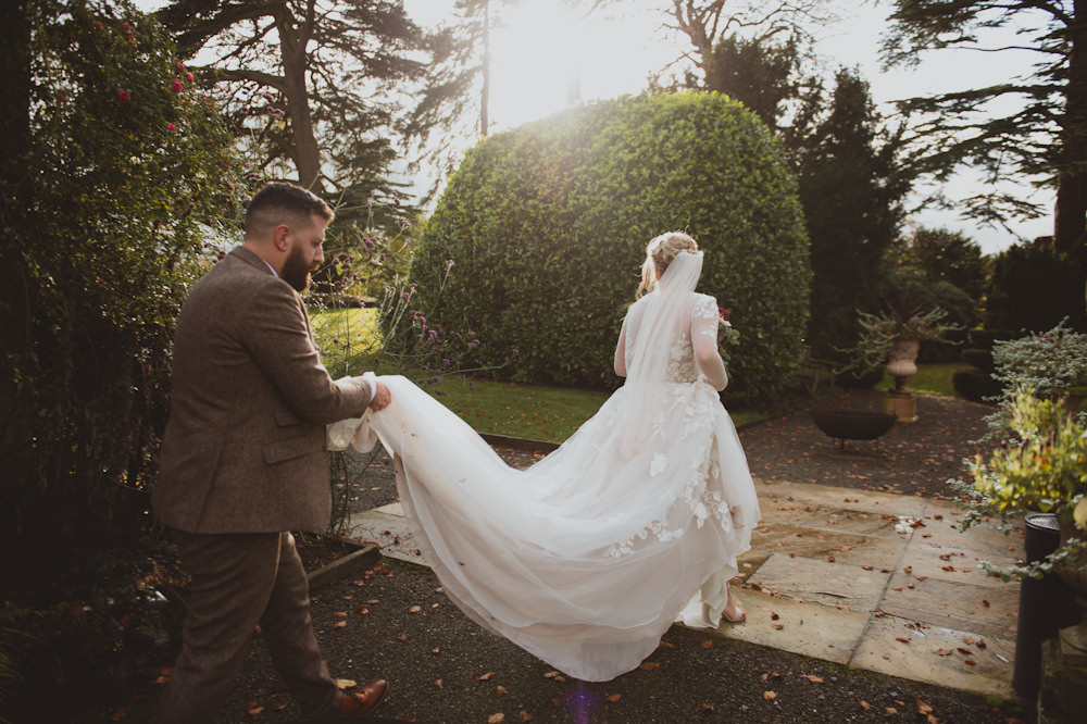 Dress Gown Bride Bridal David's Bridal Lace Long Sleeves Veil Garthmyl Hall Wedding Sasha Weddings