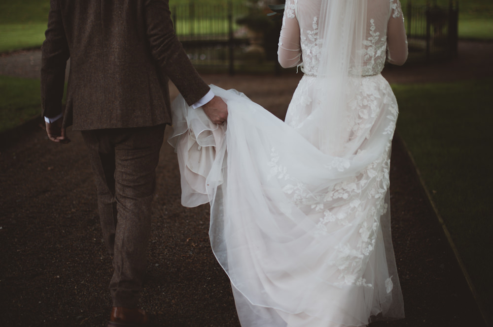 Dress Gown Bride Bridal David's Bridal Lace Long Sleeves Veil Garthmyl Hall Wedding Sasha Weddings