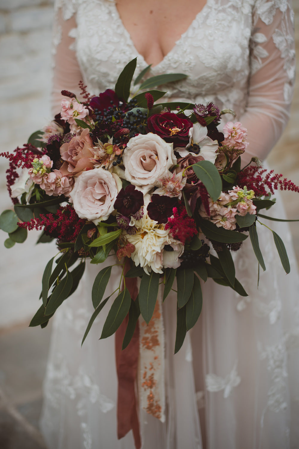 Bouquet Flowers Bride Bridal Blush Burgundy Rose Astilbe Cosmos Ribbon Garthmyl Hall Wedding Sasha Weddings