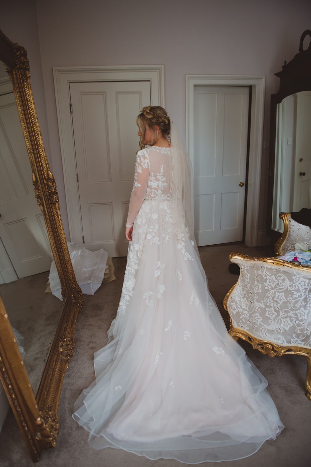 Dress Gown Bride Bridal David's Bridal Lace Long Sleeves Veil Garthmyl Hall Wedding Sasha Weddings