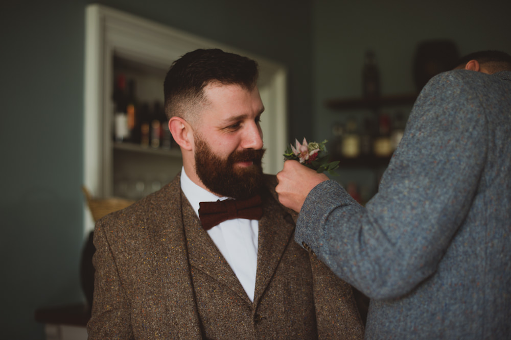 Groom Groomsmen Suits Brown Tweed Bow Tie Buttonhole Garthmyl Hall Wedding Sasha Weddings