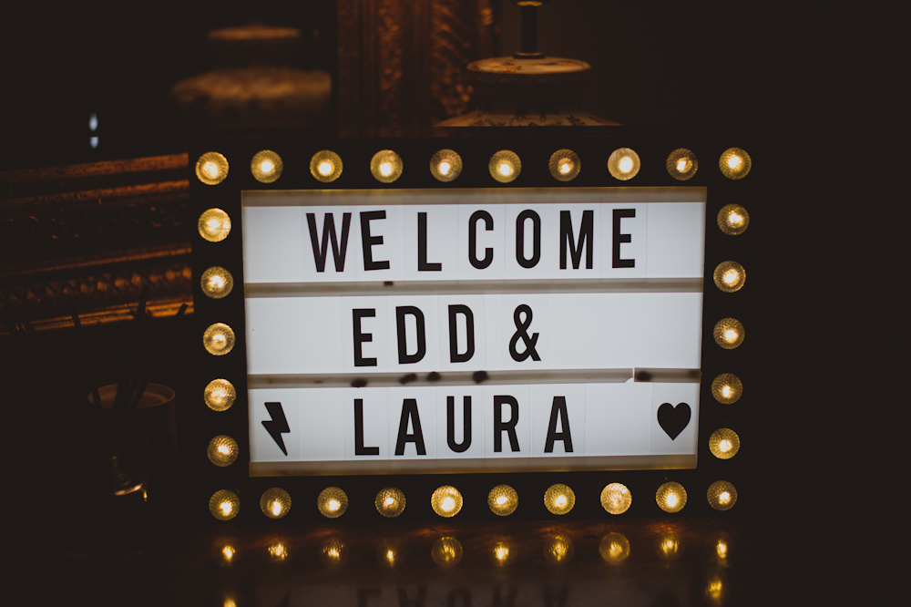 Welcome Sign Signs Signage Cinema Light Garthmyl Hall Wedding Sasha Weddings