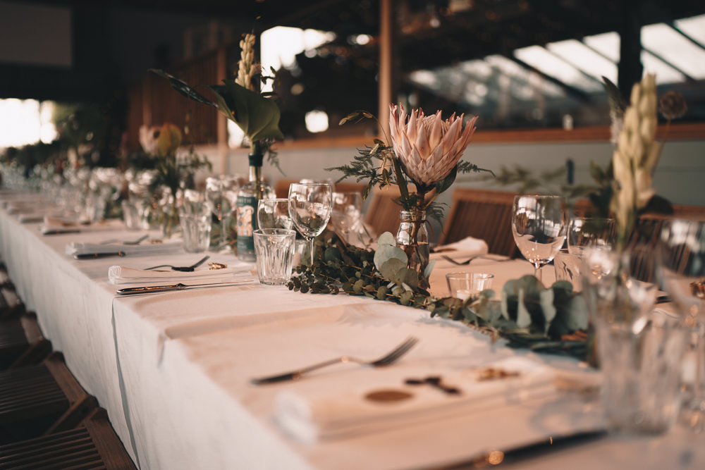 Long Tables Flowers Protea Greenery Decor Glittery Wedding Winnington & Coe