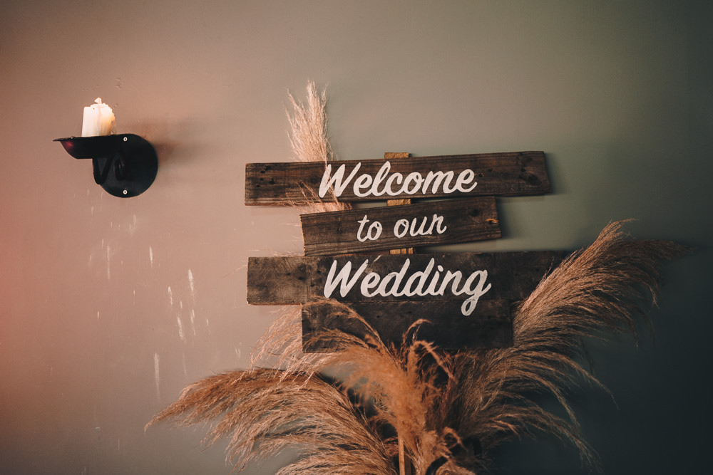 Welcome Sign Signs Signage Pampas Grass Glittery Wedding Winnington & Coe