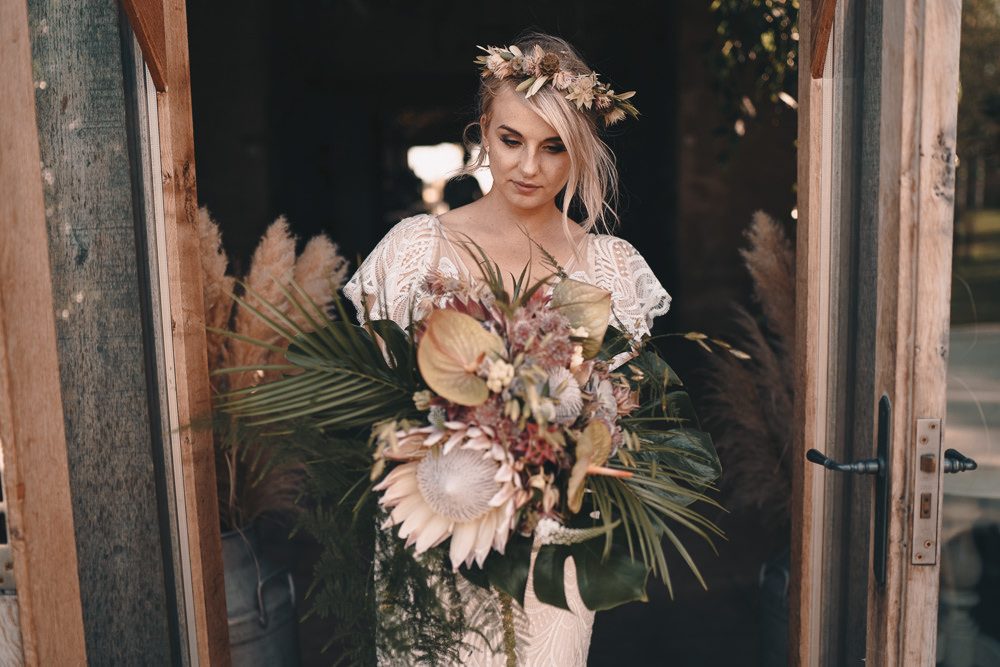 Bride Bridal Bouquet Flowers Tropical Protea Serruria Pineapples Succulents Flower Crown Glittery Wedding Winnington & Coe