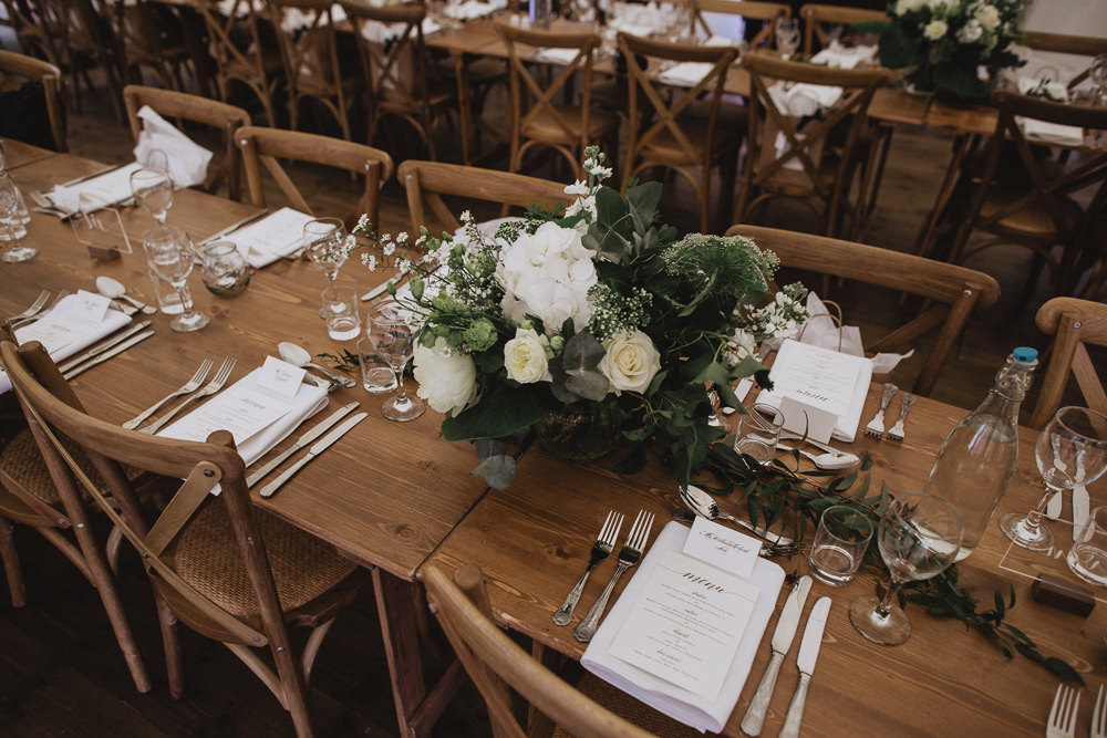 Long Wooden Table Decor Decoration Flowers Floral Centrepiece Greenery Rose Peony Hydrangea Natural Marquee Wedding Fox & Bear Photography