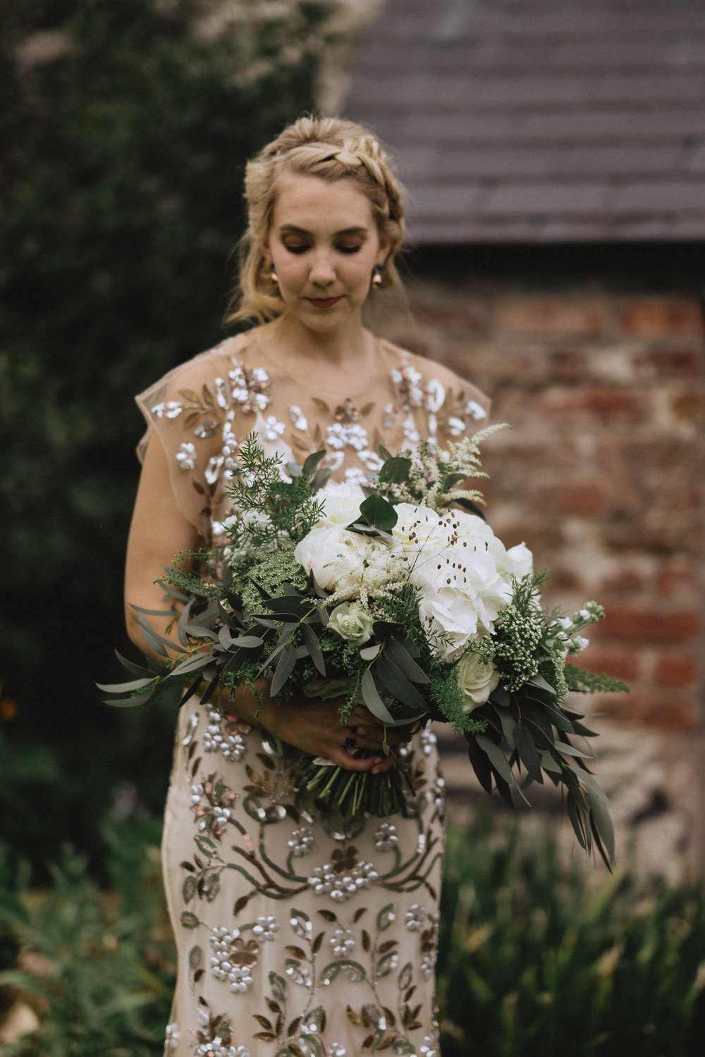 Bouquet Flowers Bride Bridal White Rose Hydrangea Peony Greenery Foliage Natural Marquee Wedding Fox & Bear Photography
