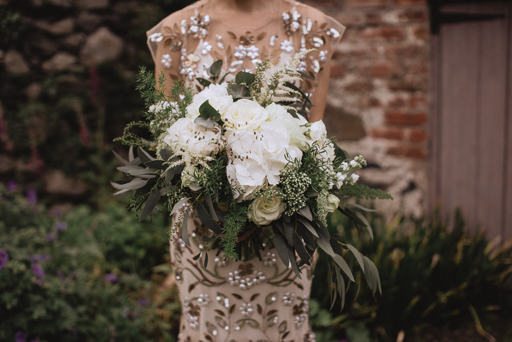 Bouquet Flowers Bride Bridal White Rose Hydrangea Peony Greenery Foliage Natural Marquee Wedding Fox & Bear Photography