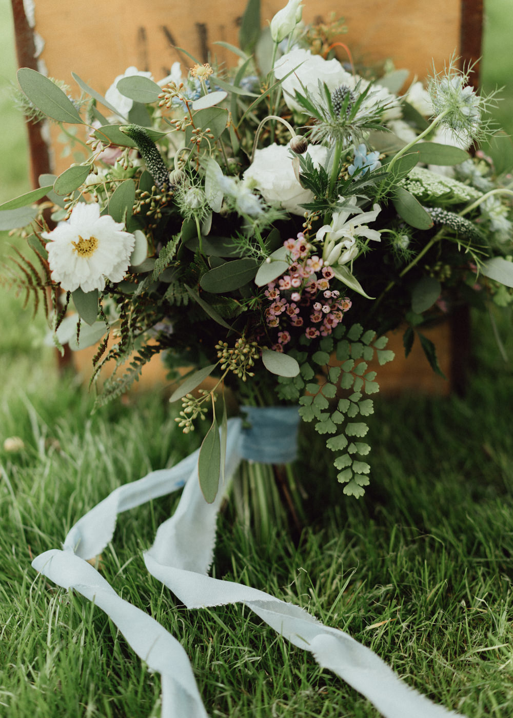 Bouquet Flowers Bride Bridal Thistle Greenery Ribbon Pitt Hall Barn Wedding Emily & Steve Photography