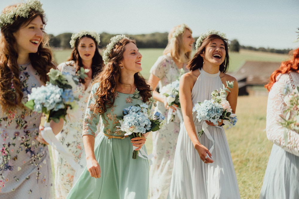 Flower Crown Bridesmaids Bridesmaid Dresses Mismatched Pastel Pitt Hall Barn Wedding Emily & Steve Photography