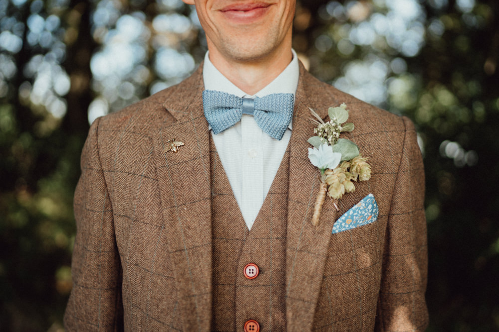 Groom Suit Brown Tweed Bow Tie Buttonhole Flowers Pitt Hall Barn Wedding Emily & Steve Photography