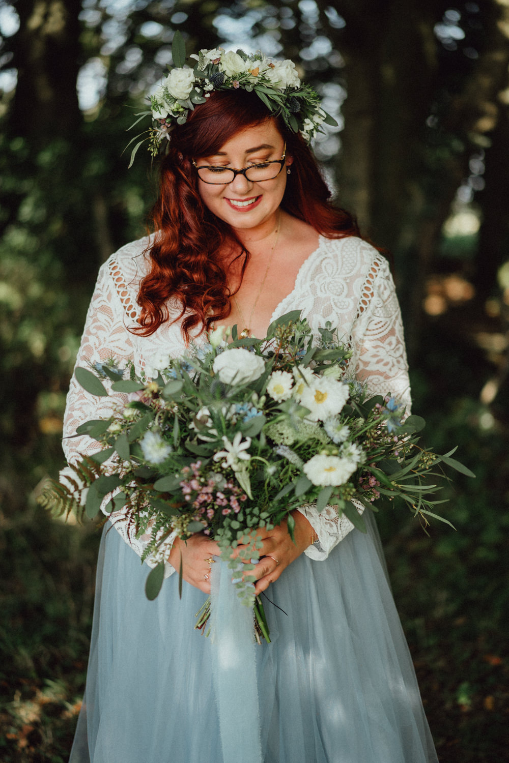 Flower Crown Bouquet Flowers Bride Bridal Thistle Greenery Ribbon Pitt Hall Barn Wedding Emily & Steve Photography