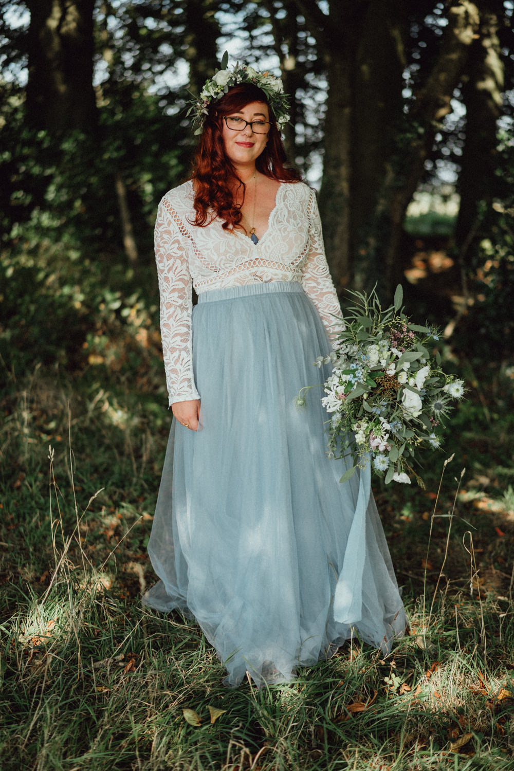 Bride Bridal Dress Gown Blue Skirt Pitt Hall Barn Wedding Emily & Steve Photography