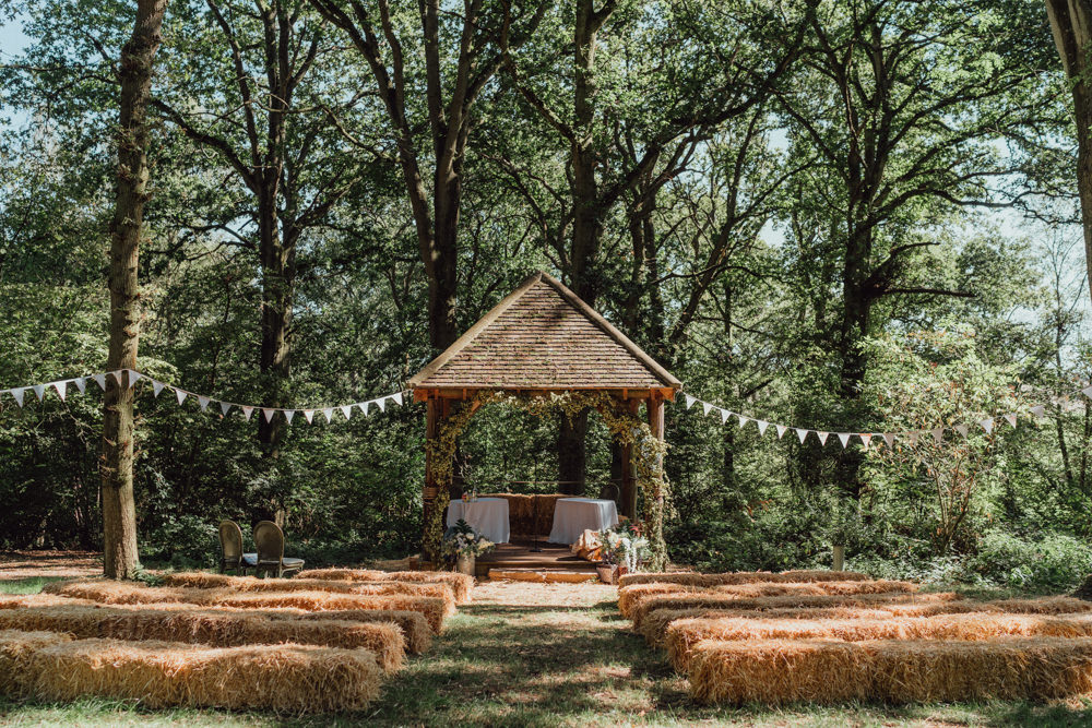 Ceremony Woodland Gazebo Hay Bales Bunting Spillmans Copse Wedding Emily & Steve Photography