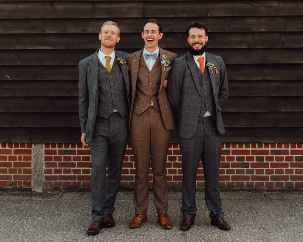 Groom Suit Brown Tweed Bow Tie Groomsmen Pitt Hall Barn Wedding Emily & Steve Photography