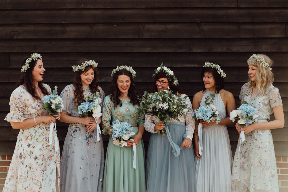 Flower Crown Bridesmaids Bridesmaid Dresses Mismatched Pastel Pitt Hall Barn Wedding Emily & Steve Photography