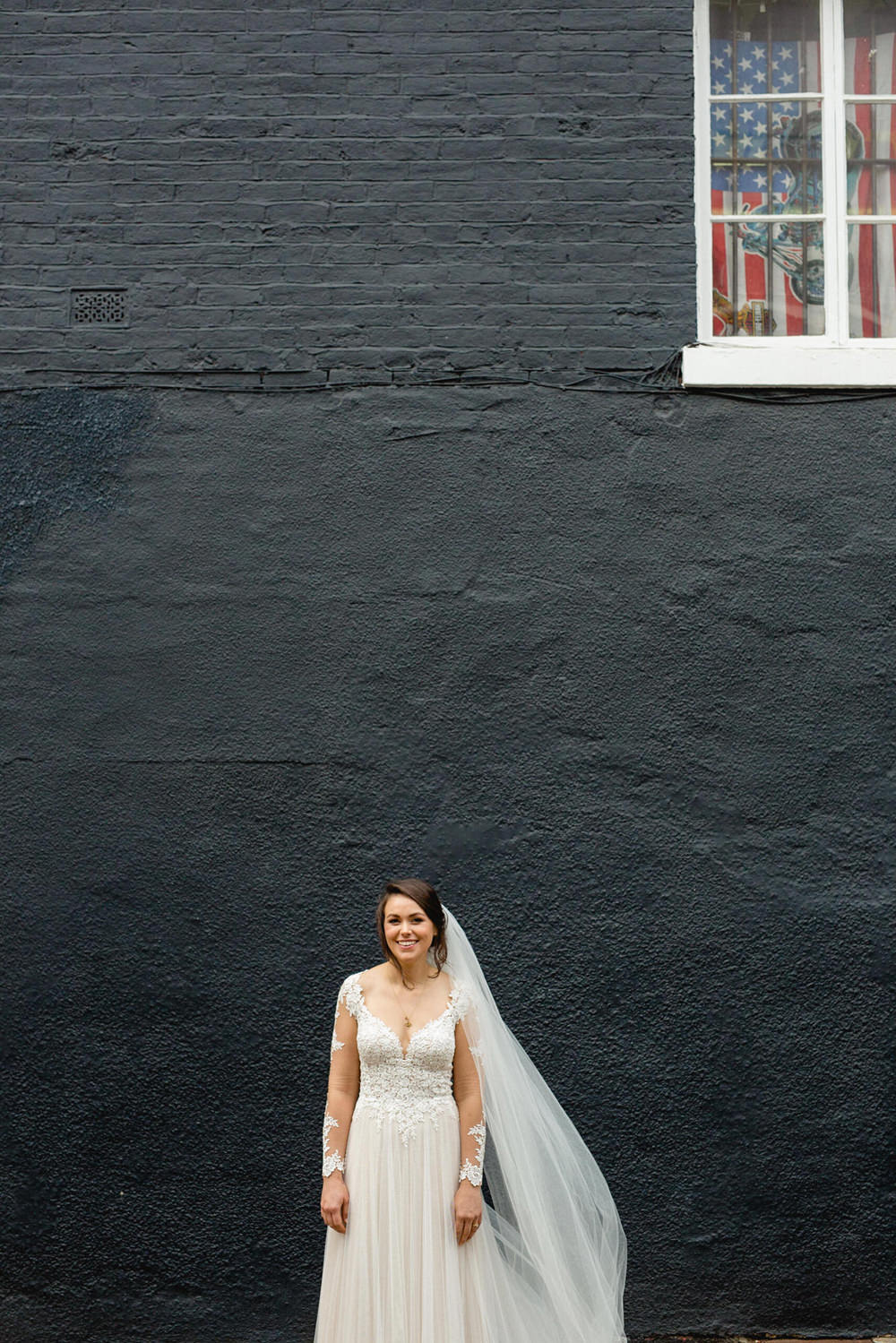 Dress Gown Bride Bridal Illustion Lace Back Buttons Long Sleeves Veil Sheffield Town Hall Wedding Mark Newton Wedding Photography