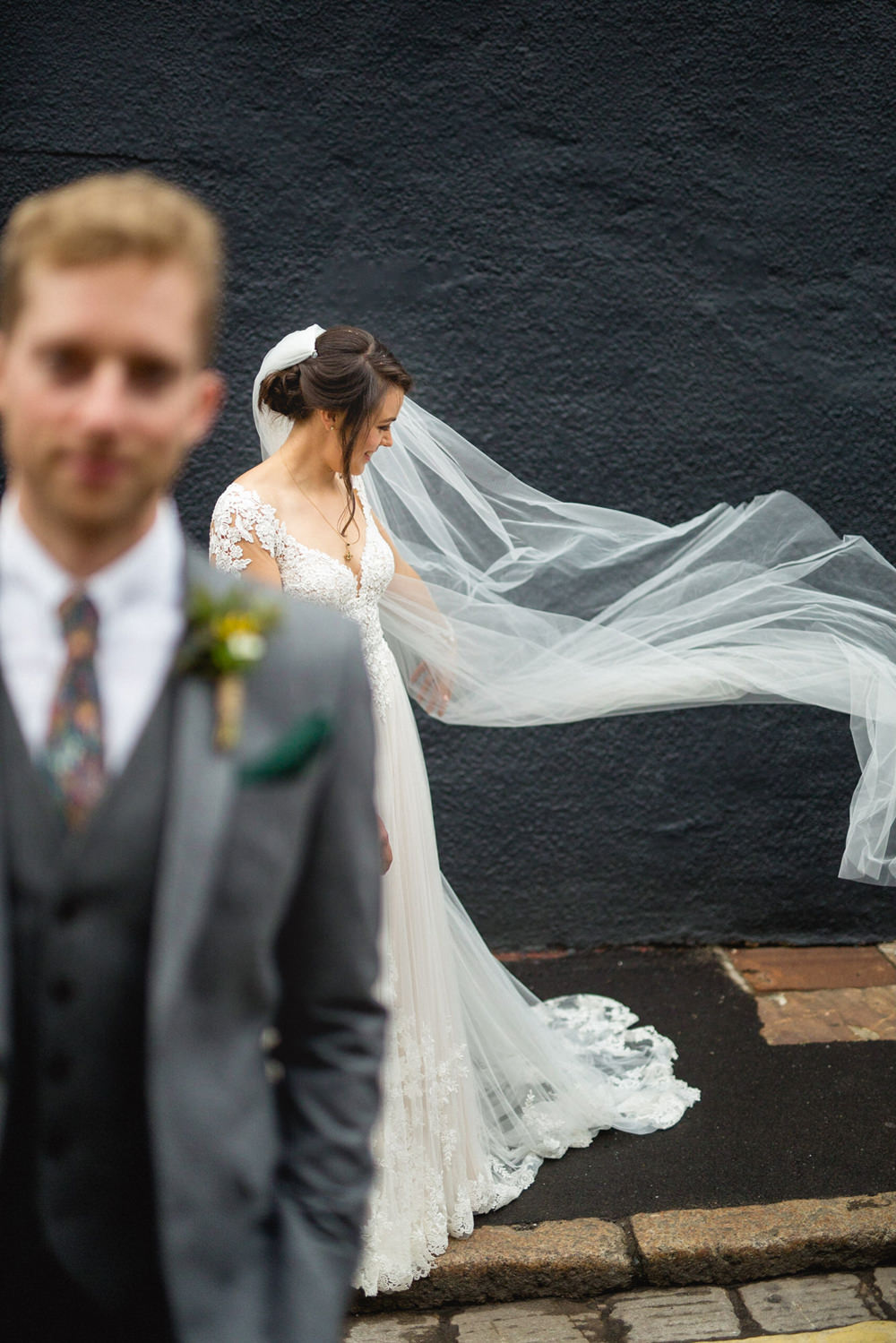 Dress Gown Bride Bridal Illustion Lace Back Buttons Long Sleeves Veil Sheffield Town Hall Wedding Mark Newton Wedding Photography